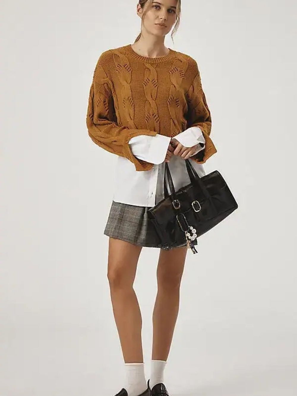 Anthropology Pilcro Oversized Cable Twofer Sweater Copper Brown 100% cotton